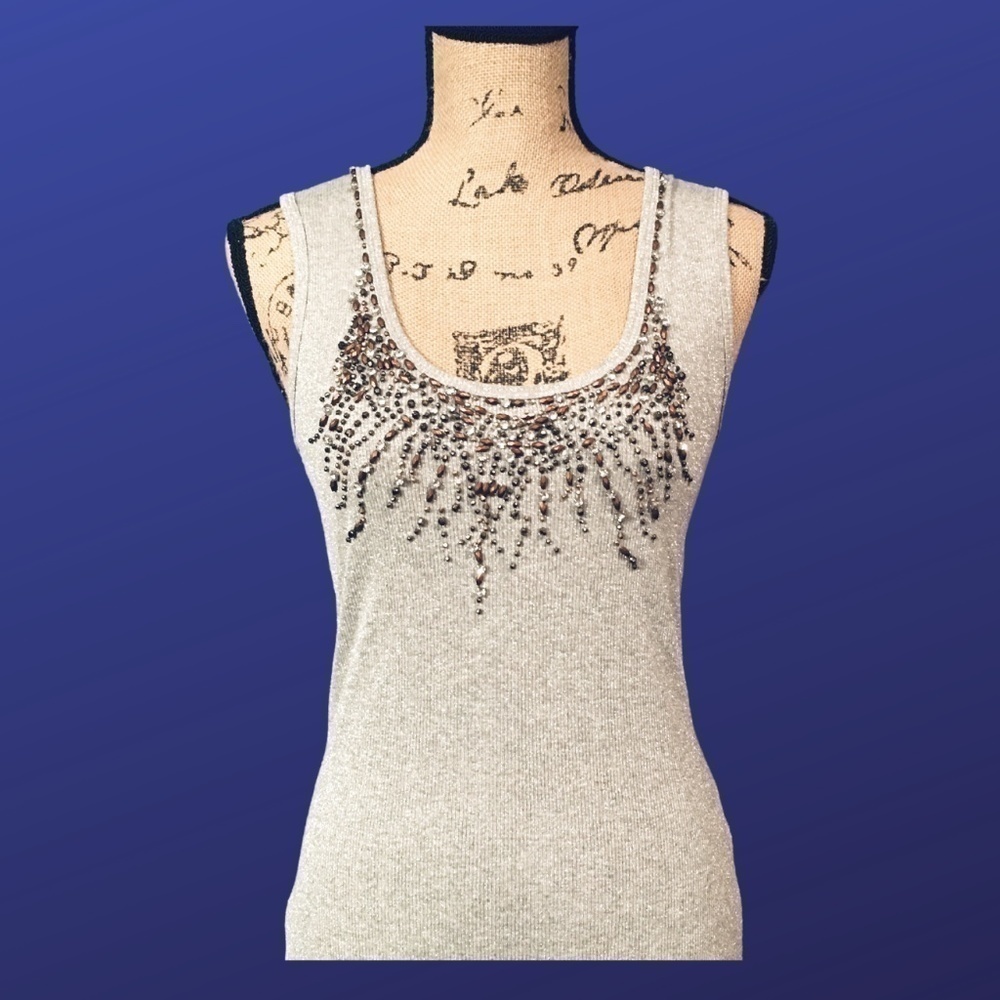JON Tank Top, Beaded Metallic Sparkle Scoop Neck Shell, SILVER, Size Small, EUC